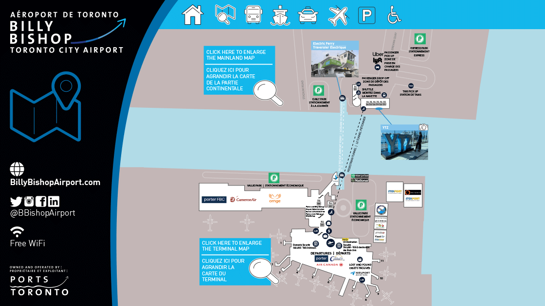 Carte de l'Aéroport Billy Bishop de Toronto. Cliquez pour ouvrir une version PDF plus grande de la carte.